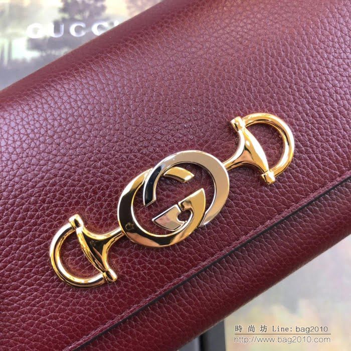 GUCCI古馳錢包 2019新款 Zumi系列 粒面皮革 互扣式G馬銜扣 女款翻蓋長錢包 573612 棗紅  ydgq3281